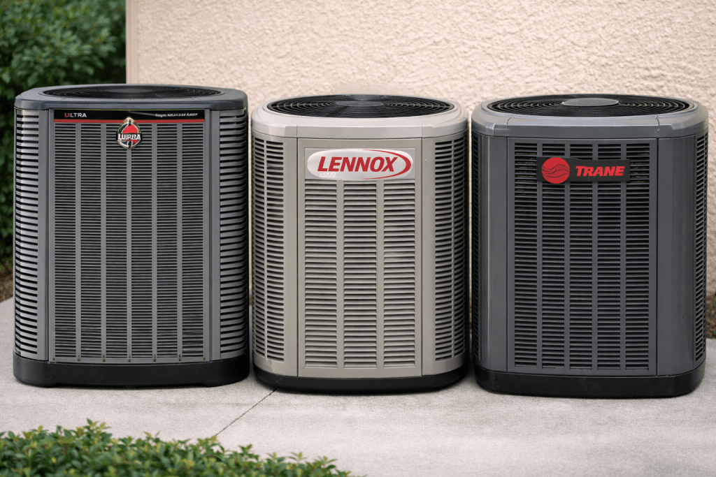 Two Lennox air conditioner units outside a waterfront Port St Lucie home