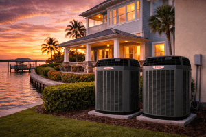 Two Trane air conditioner units at luxury waterfront home at sunset in Port Saint Lucie FL