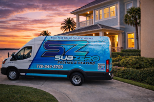 Subzero Cooling & Heating branded service van at luxury waterfront home in Port Saint Lucie FL