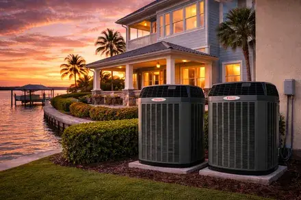 Two Trane air conditioner units at a luxury waterfront home at sunset in Port Saint Lucie, FL