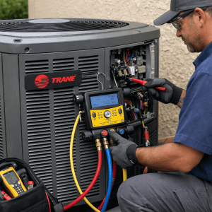 HVAC technician checking refrigerant gauges on a Trane AC unit